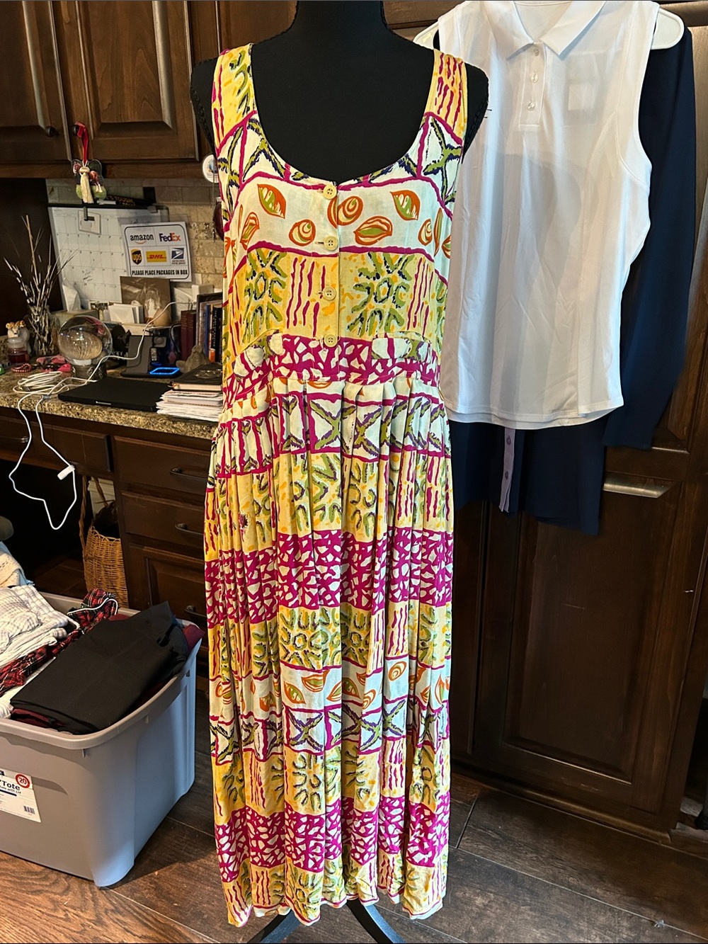 Y2K Tangiers Sz M Sleeveless Yellow & Pink Printed Midi Halter Dress